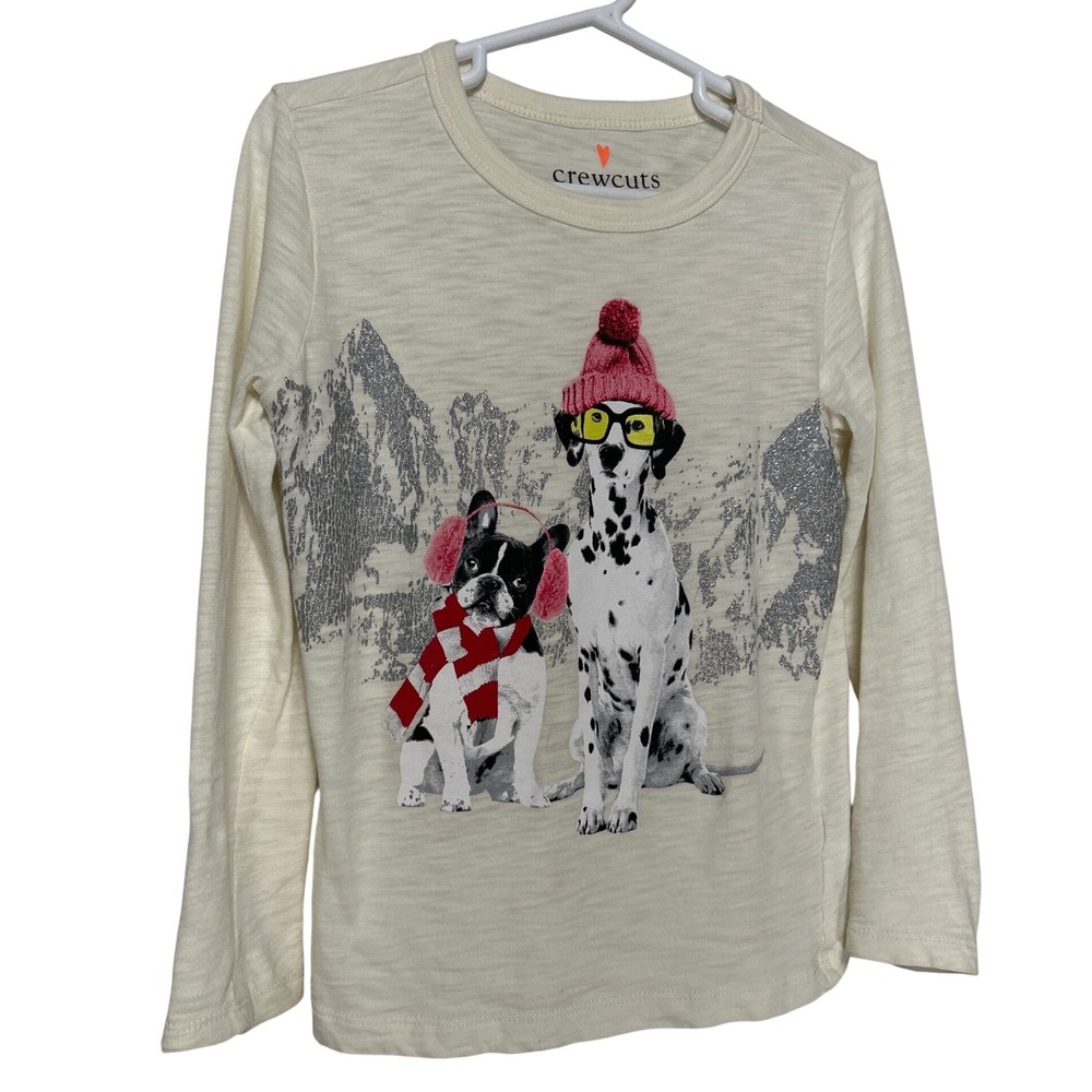 Crewcuts J.Crew Kids Ski Buds Dog Graphic Long Sleeve Tee Shirt XS 4-5 EUC‎